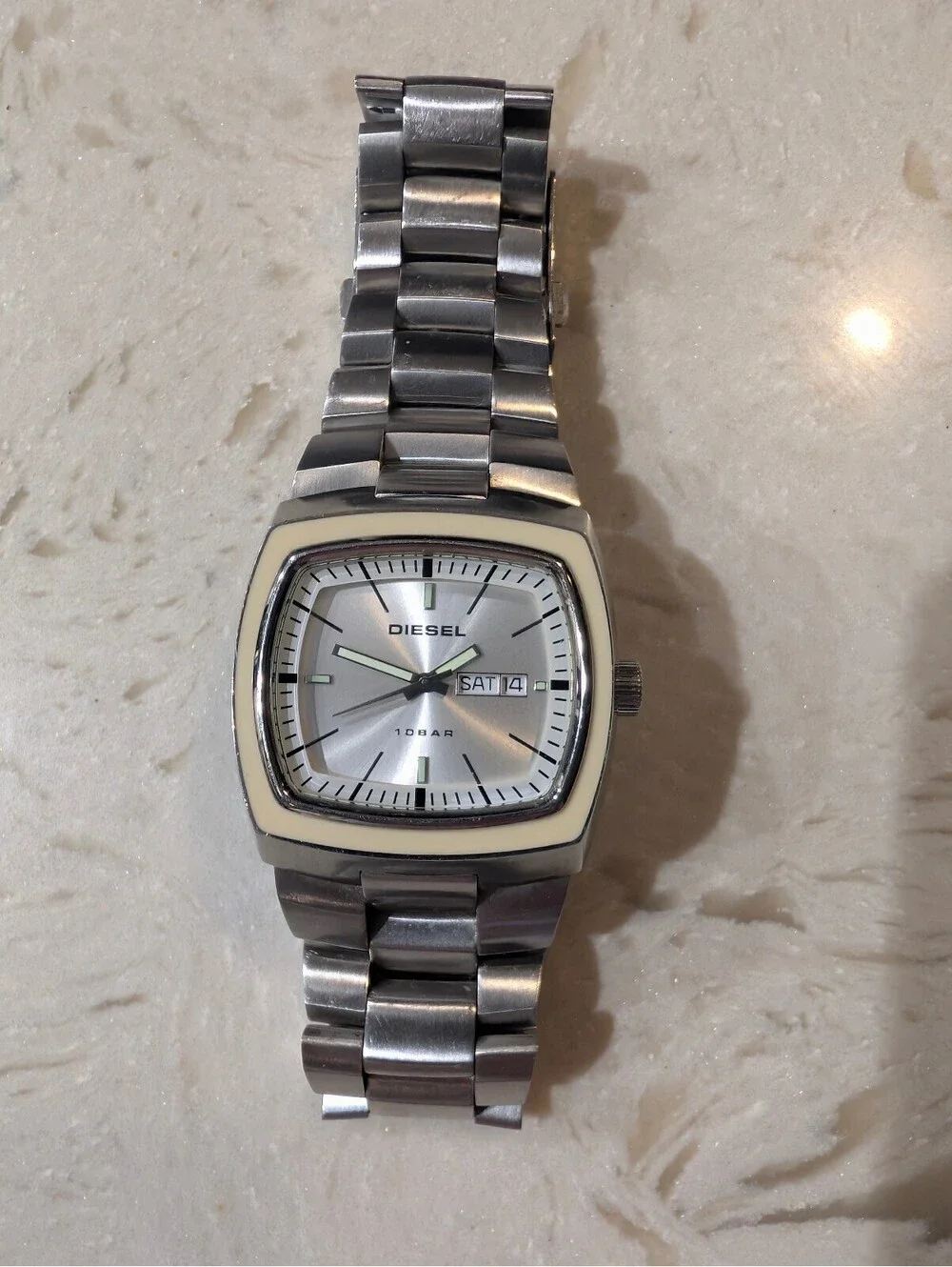Diesel Men's Silver Stainless Steel Square Watch Day Date 10 BAR Cream Bezel